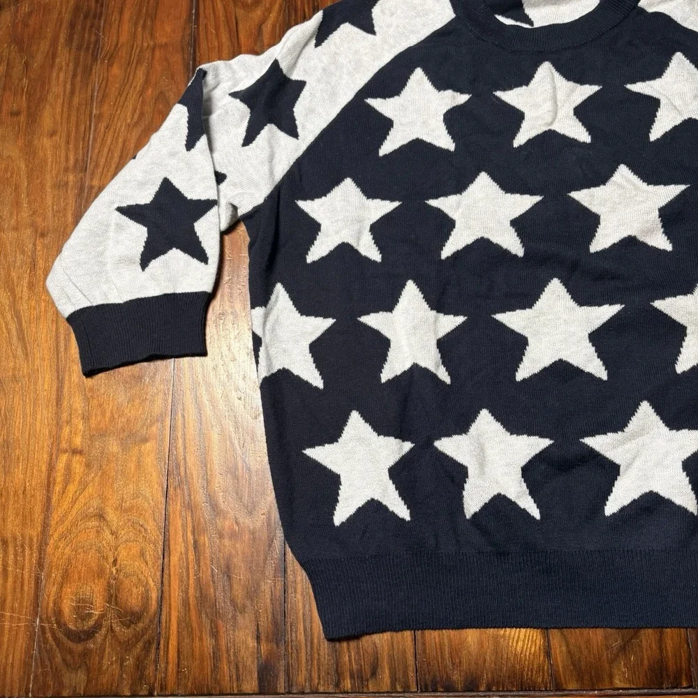 Minnie Rose Blue White Star Contrast Pullover Sweater Cashmere Blend Sz M A1827